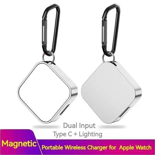 Tragbares magnetisches kabelloses Ladegerät aus Metall mit Schlüsselanhänger für Apple Watch Series Typ C