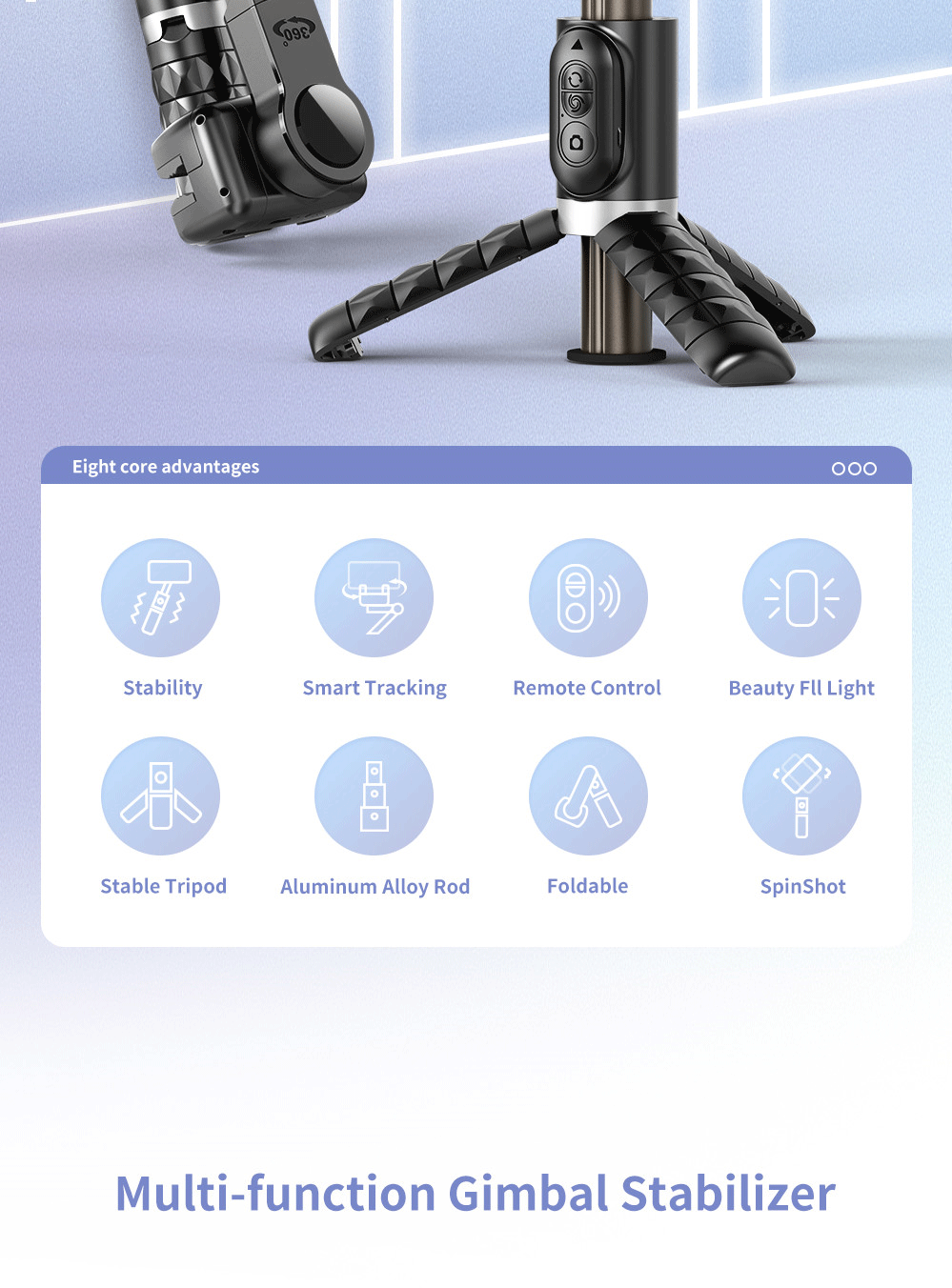 360° drehbares Stativ | Intelligenter Gesichts-Tracker | Stabilisator Selfie Stick mit Flash-Modus und Beauty Fill Light